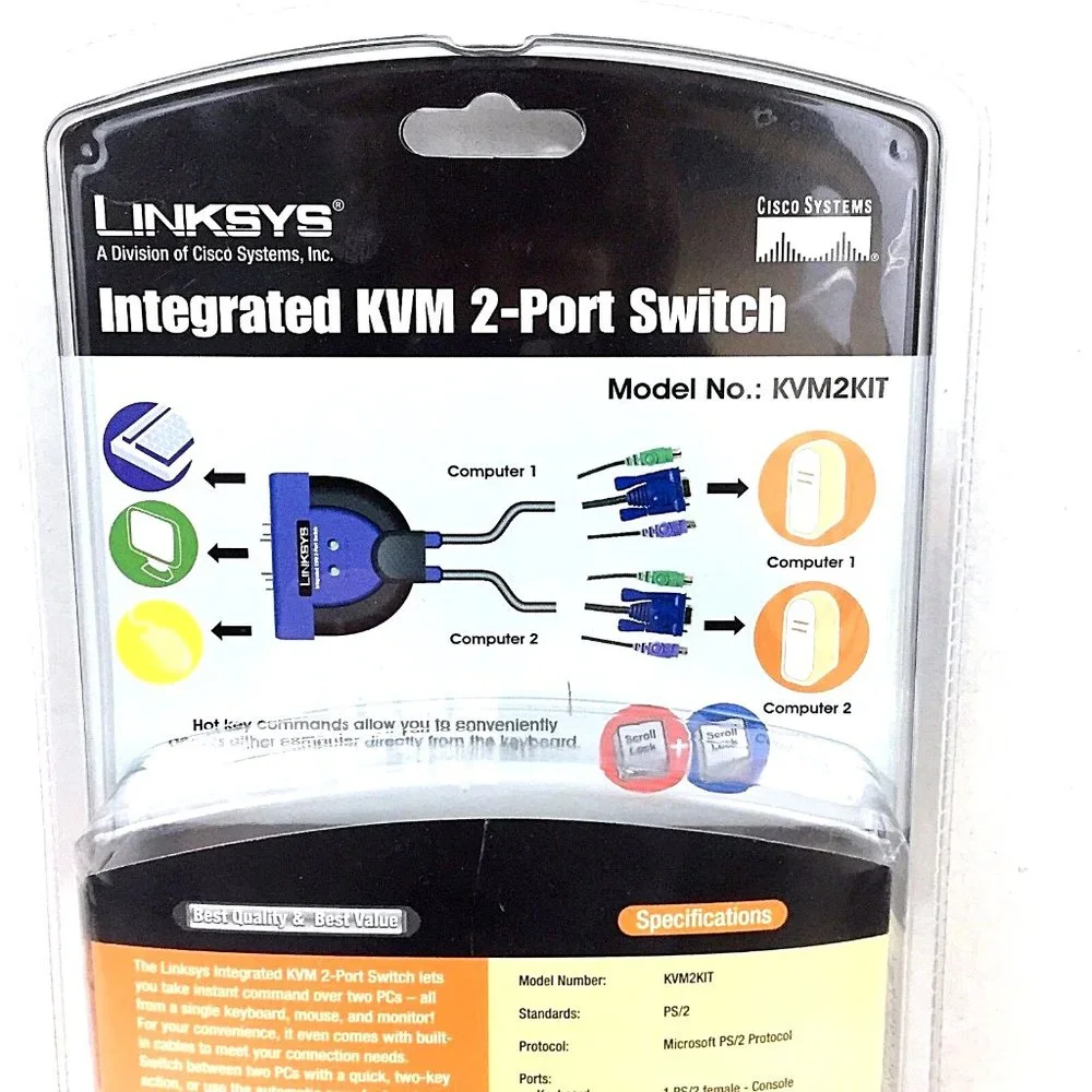 Linksys Integrated KVM 2 Port Switch KVM2KIT Built In Cables Control 2 PC Cisco